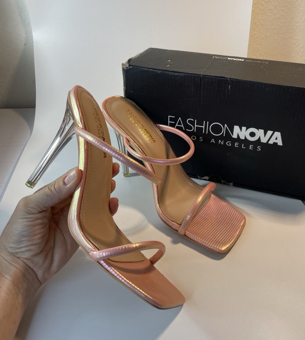 Fashion Nova Love You Long Time Mules Pink Metallic Clear Lucite Heels Size 10